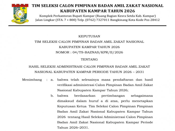 HASIL SELEKSI ADMINISTRASI CALON PIMPINAN BADAN AMIL ZAKAT NASIONAL KABUPATEN KAMPAR PERIODE TAHUN 2026 – 2031